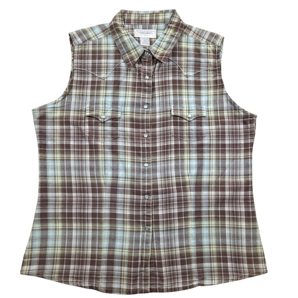 VTG 90s‎ Wrangler Blues Sleeveless Western Shirt Brown Plaid Mens Large *READ